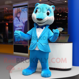 Sky Blue Mongoose mascot costume character dressed with a Suit and Cufflinks