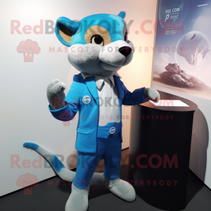 Sky Blue Mongoose mascot costume character dressed with a Suit and Cufflinks