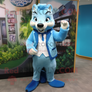 Sky Blue Mongoose mascot costume character dressed with a Suit and Cufflinks