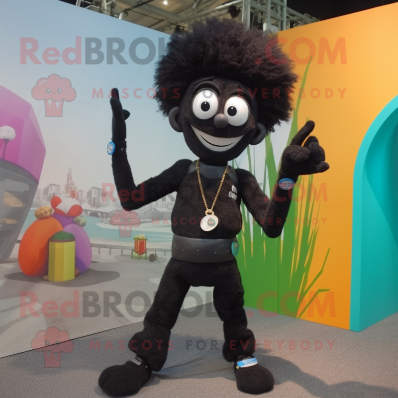 Black Acrobat mascot costume character dressed with a Skinny Jeans and Keychains Black Acrobat mascot costume character dressed with a Skinny Jeans and Keychains