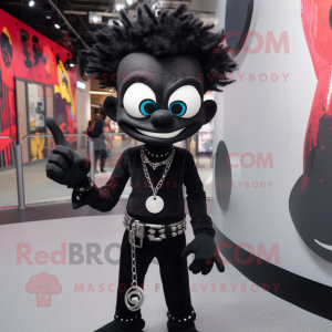 Black Acrobat mascot costume character dressed with a Skinny Jeans and Keychains