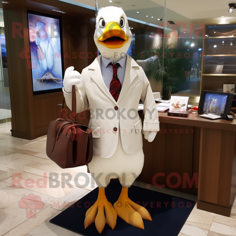 White Muscovy Duck mascot costume character dressed with a Blazer and Tote bags