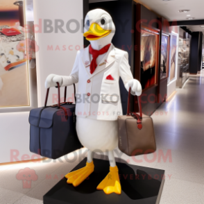 White Muscovy Duck mascot costume character dressed with a Blazer and Tote bags