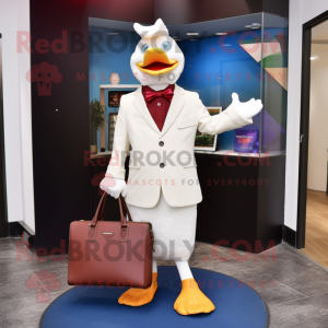 White Muscovy Duck mascot costume character dressed with a Blazer and Tote bags