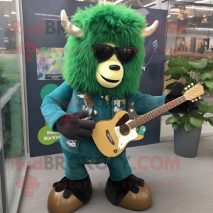 Forest Green Yak mascot costume character dressed with a Bootcut Jeans and Sunglasses