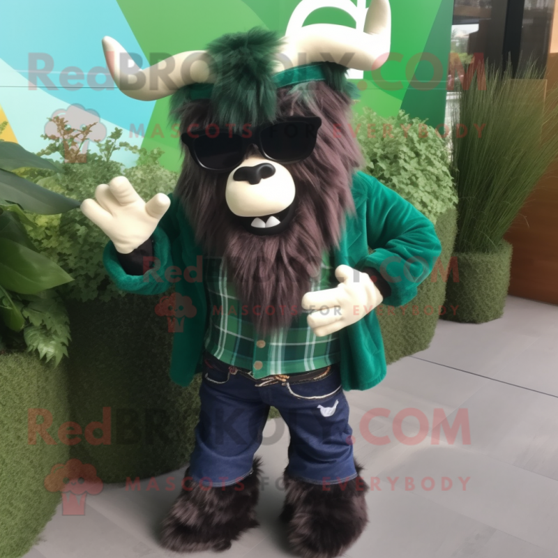 Forest Green Yak mascot costume character dressed with a Bootcut Jeans and Sunglasses