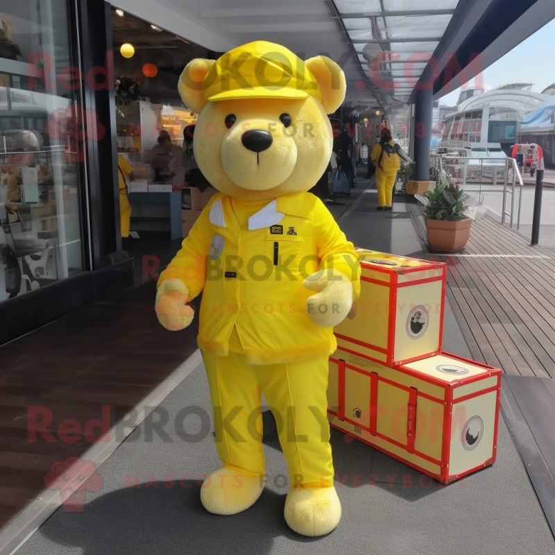 Lemon Yellow Teddy Bear mascot costume character dressed with a Cargo Pants and Coin purses Lemon Yellow Teddy Bear mascot costume character dressed with a Cargo Pants and Coin purses