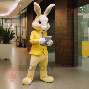 Lemon Yellow Wild Rabbit mascot costume character dressed with a Oxford Shirt and Clutch bags