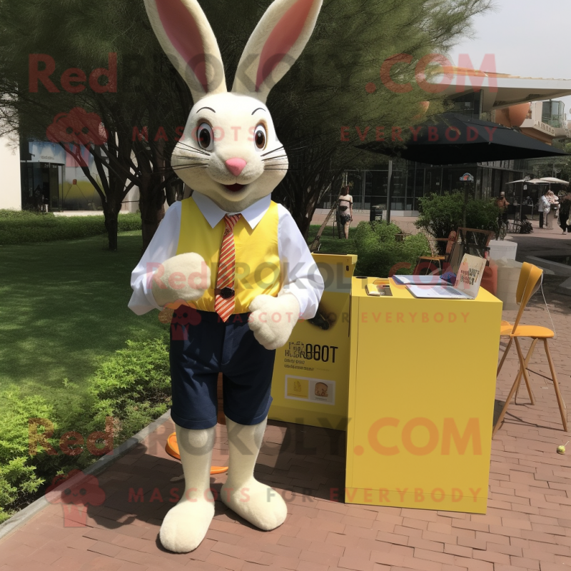 Lemon Yellow Wild Rabbit mascot costume character dressed with a Oxford Shirt and Clutch bags Lemon Yellow Wild Rabbit mascot costume character dressed with a Oxford Shirt and Clutch bags