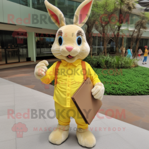 Lemon Yellow Wild Rabbit mascot costume character dressed with a Oxford Shirt and Clutch bags