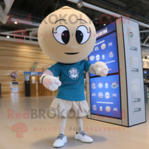 Beige Volleyball Ball mascot costume character dressed with a Graphic Tee and Bracelet watches