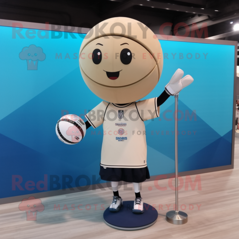 Beige Volleyball Ball mascot costume character dressed with a Graphic Tee and Bracelet watches