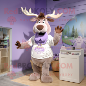 Lavender Moose mascot costume character dressed with a V-Neck Tee and Hair clips