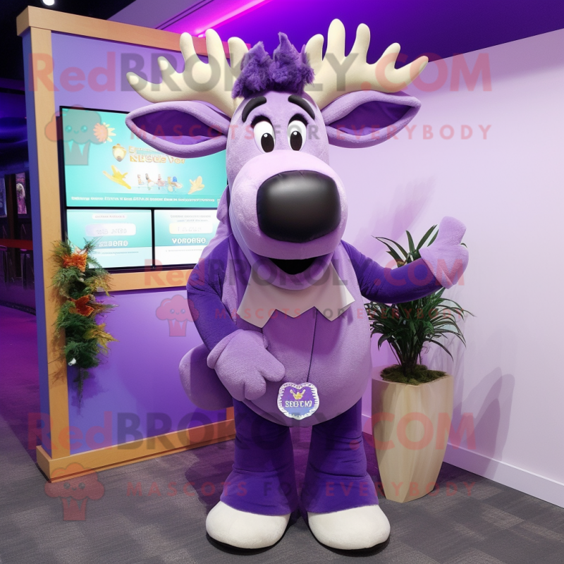 Lavender Moose mascot costume character dressed with a V-Neck Tee and Hair clips