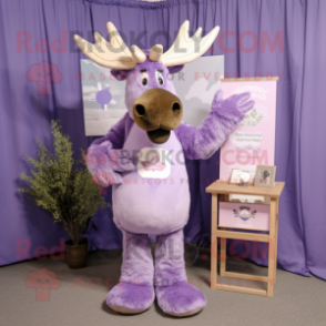 Lavender Moose mascot costume character dressed with a V-Neck Tee and Hair clips