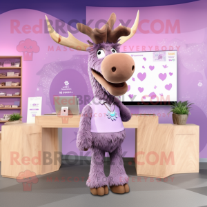 Lavender Moose mascot costume character dressed with a V-Neck Tee and Hair clips