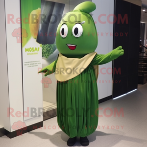 Forest Green Miso Soup mascot costume character dressed with a Wrap Dress and Hairpins