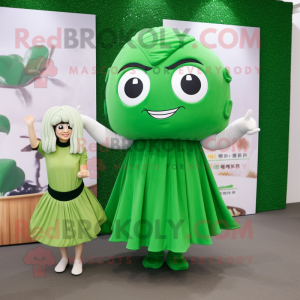 Forest Green Miso Soup mascot costume character dressed with a Wrap Dress and Hairpins