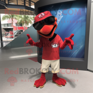 Red Dimorphodon mascot costume character dressed with a Baseball Tee and Sunglasses