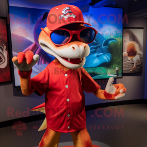 Red Dimorphodon mascot costume character dressed with a Baseball Tee and Sunglasses