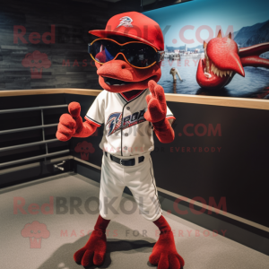 Red Dimorphodon mascot costume character dressed with a Baseball Tee and Sunglasses