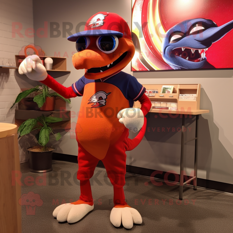 Red Dimorphodon mascot costume character dressed with a Baseball Tee and Sunglasses Red Dimorphodon mascot costume character dressed with a Baseball Tee and Sunglasses