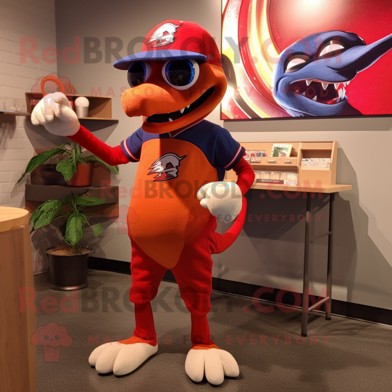 Red Dimorphodon mascot costume character dressed with a Baseball Tee and Sunglasses