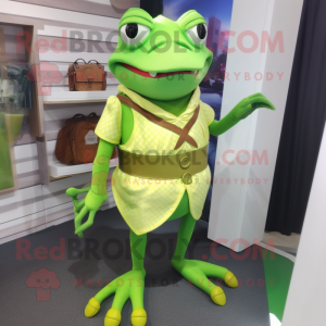 Lime Green Frog mascot costume character dressed with a Sheath Dress and Belts