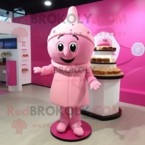 Pink Wedding Cake mascot costume character dressed with a Hoodie and Clutch bags