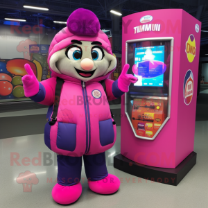 Magenta Gumball Machine mascot costume character dressed with a Parka and Backpacks