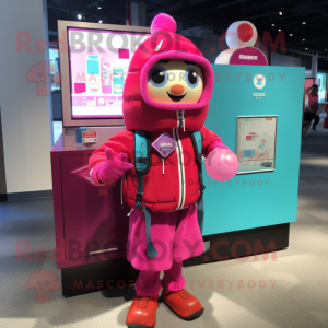 Magenta Gumball Machine mascot costume character dressed with a Parka and Backpacks