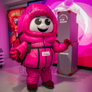 Magenta Gumball Machine mascot costume character dressed with a Parka and Backpacks