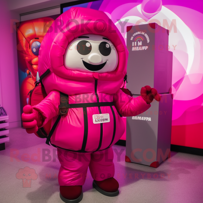 Magenta Gumball Machine mascot costume character dressed with a Parka and Backpacks Magenta Gumball Machine mascot costume character dressed with a Parka and Backpacks