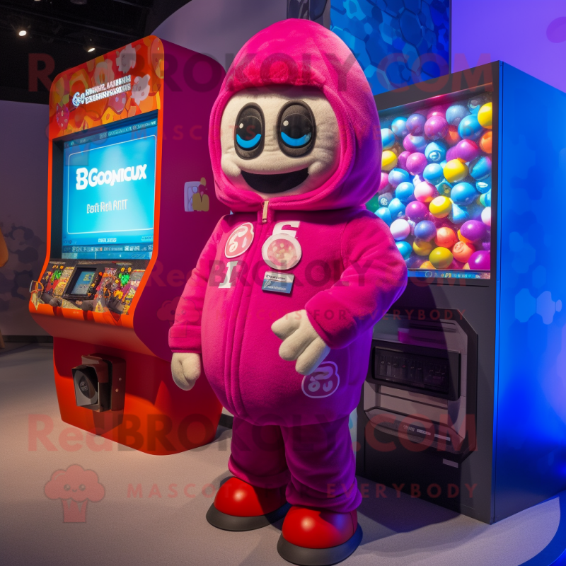 Magenta Gumball Machine mascot costume character dressed with a Parka and Backpacks