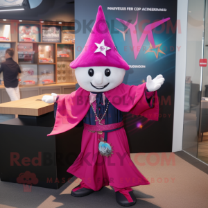 Magenta Magician mascot costume character dressed with a Windbreaker and Keychains