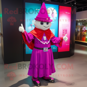 Magenta Magician mascot costume character dressed with a Windbreaker and Keychains