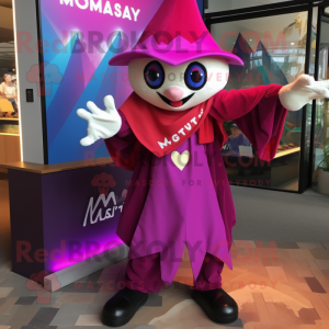 Magenta Magician mascot costume character dressed with a Windbreaker and Keychains
