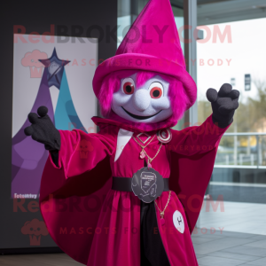 Magenta Magician mascot costume character dressed with a Windbreaker and Keychains