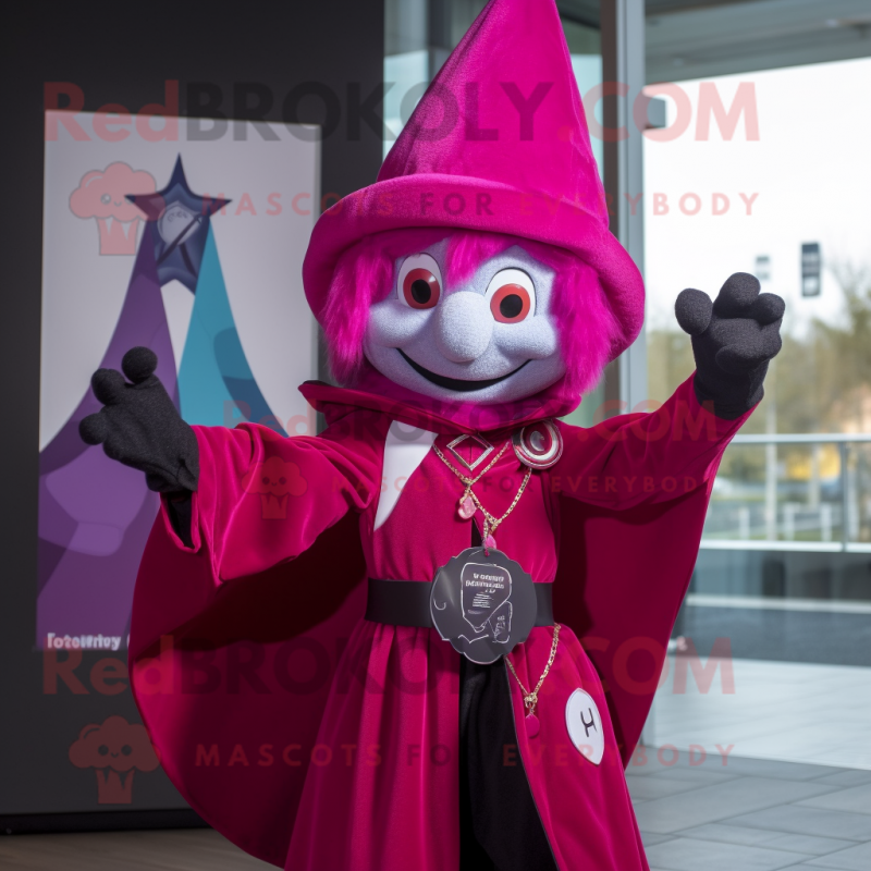 Magenta Magician mascot costume character dressed with a Windbreaker and Keychains Magenta Magician mascot costume character dressed with a Windbreaker and Keychains