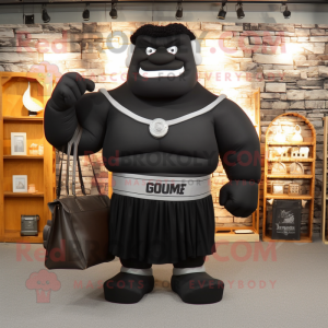 Black Strongman mascot costume character dressed with a Empire Waist Dress and Messenger bags