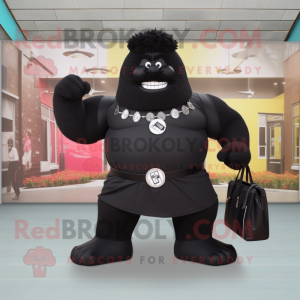 Black Strongman mascot costume character dressed with a Empire Waist Dress and Messenger bags