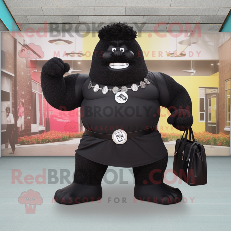 Black Strongman mascot costume character dressed with a Empire Waist Dress and Messenger bags