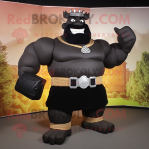 Black Strongman mascot costume character dressed with a Empire Waist Dress and Messenger bags