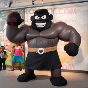 Black Strongman mascot costume character dressed with a Empire Waist Dress and Messenger bags