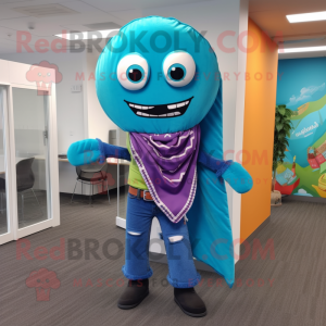 Cyan Tacos mascot costume character dressed with a Bootcut Jeans and Scarves