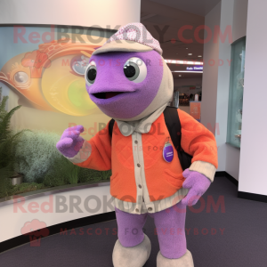 Lavender Salmon mascot costume character dressed with a Sweater and Coin purses