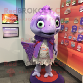 Lavender Salmon mascot costume character dressed with a Sweater and Coin purses