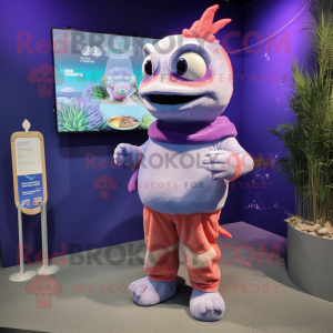 Lavender Salmon mascot costume character dressed with a Sweater and Coin purses