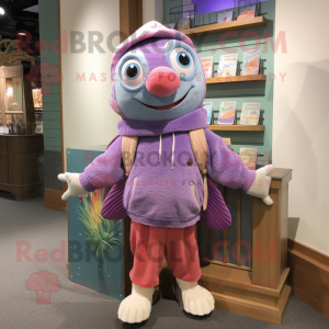 Lavender Salmon mascot costume character dressed with a Sweater and Coin purses