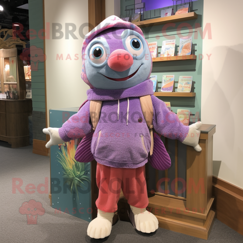 Lavender Salmon mascot costume character dressed with a Sweater and Coin purses Lavender Salmon mascot costume character dressed with a Sweater and Coin purses